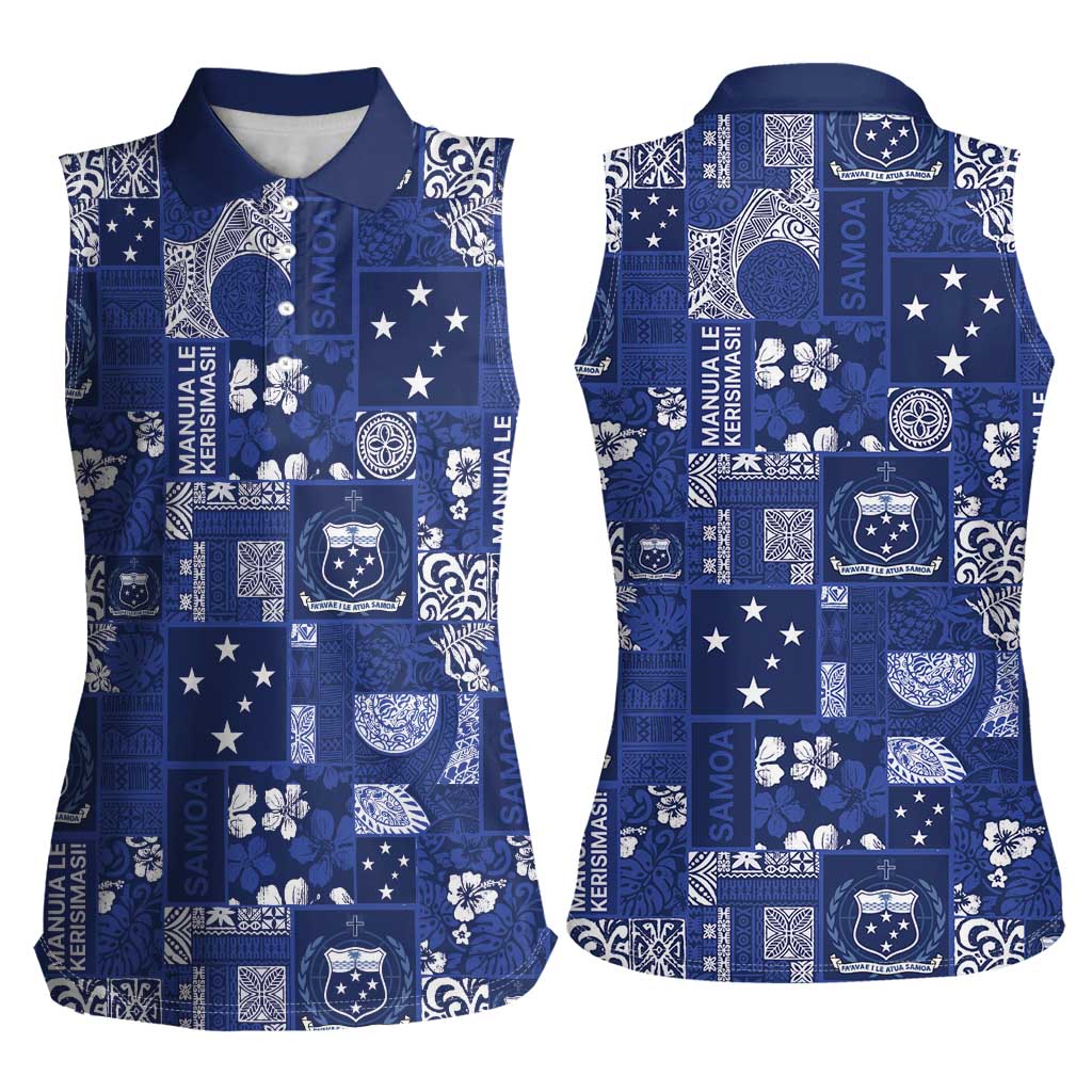 Blue Samoa Manuia Le Kerisimasi Women Sleeveless Polo Shirt Pacific Patchwork Xmas Vibes LT9 - Polynesian Pride