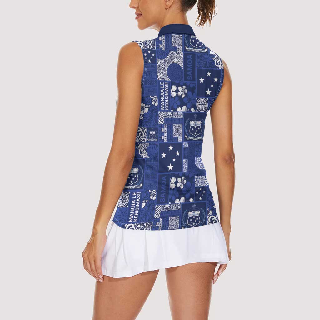 Blue Samoa Manuia Le Kerisimasi Women Sleeveless Polo Shirt Pacific Patchwork Xmas Vibes LT9 - Polynesian Pride