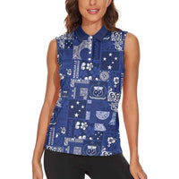 Blue Samoa Manuia Le Kerisimasi Women Sleeveless Polo Shirt Pacific Patchwork Xmas Vibes LT9 - Polynesian Pride