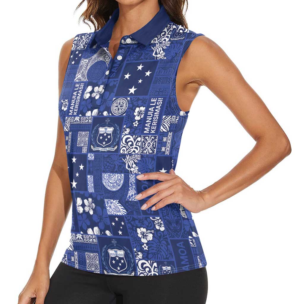 Blue Samoa Manuia Le Kerisimasi Women Sleeveless Polo Shirt Pacific Patchwork Xmas Vibes LT9 - Polynesian Pride