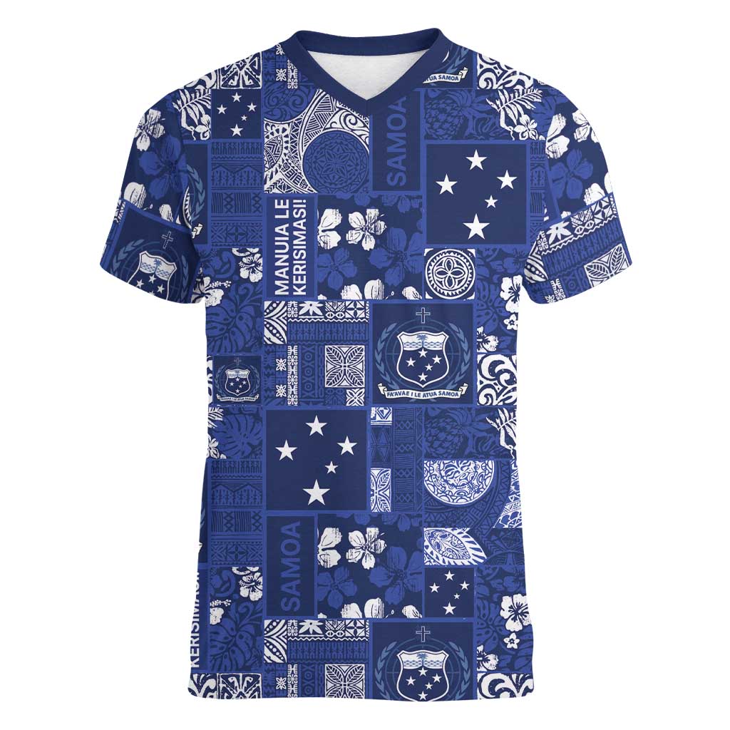 Blue Samoa Manuia Le Kerisimasi Women V-Neck T-Shirt Pacific Patchwork Xmas Vibes LT9 Female Blue - Polynesian Pride