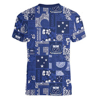 Blue Samoa Manuia Le Kerisimasi Women V-Neck T-Shirt Pacific Patchwork Xmas Vibes LT9 - Polynesian Pride