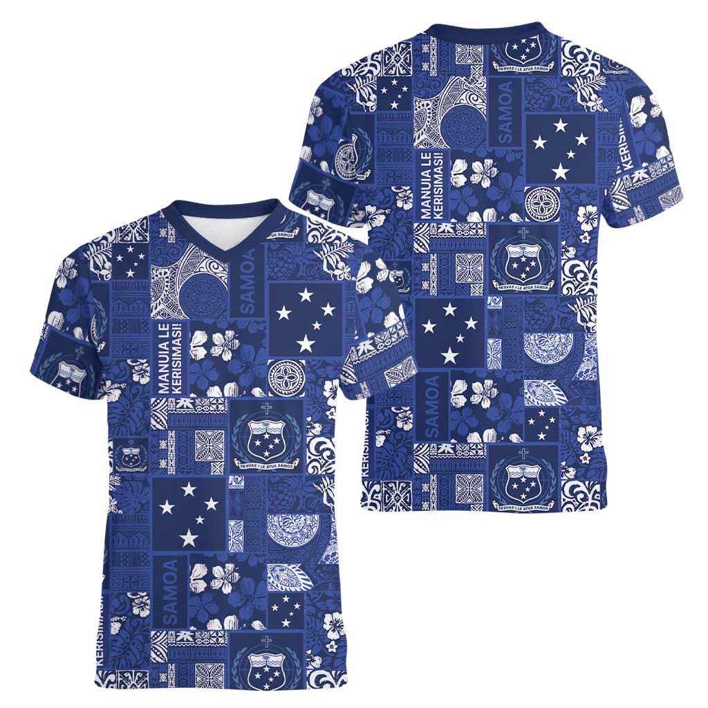 Blue Samoa Manuia Le Kerisimasi Women V-Neck T-Shirt Pacific Patchwork Xmas Vibes LT9 - Polynesian Pride