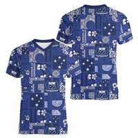 Blue Samoa Manuia Le Kerisimasi Women V-Neck T-Shirt Pacific Patchwork Xmas Vibes LT9 - Polynesian Pride