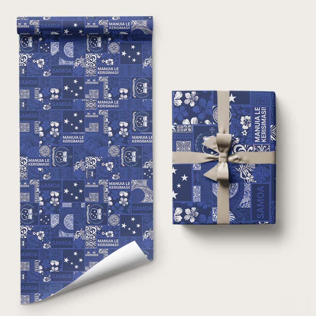 Blue Samoa Manuia Le Kerisimasi Wrapping Paper Pacific Patchwork Xmas Vibes LT9 58" × 23" Blue - Polynesian Pride