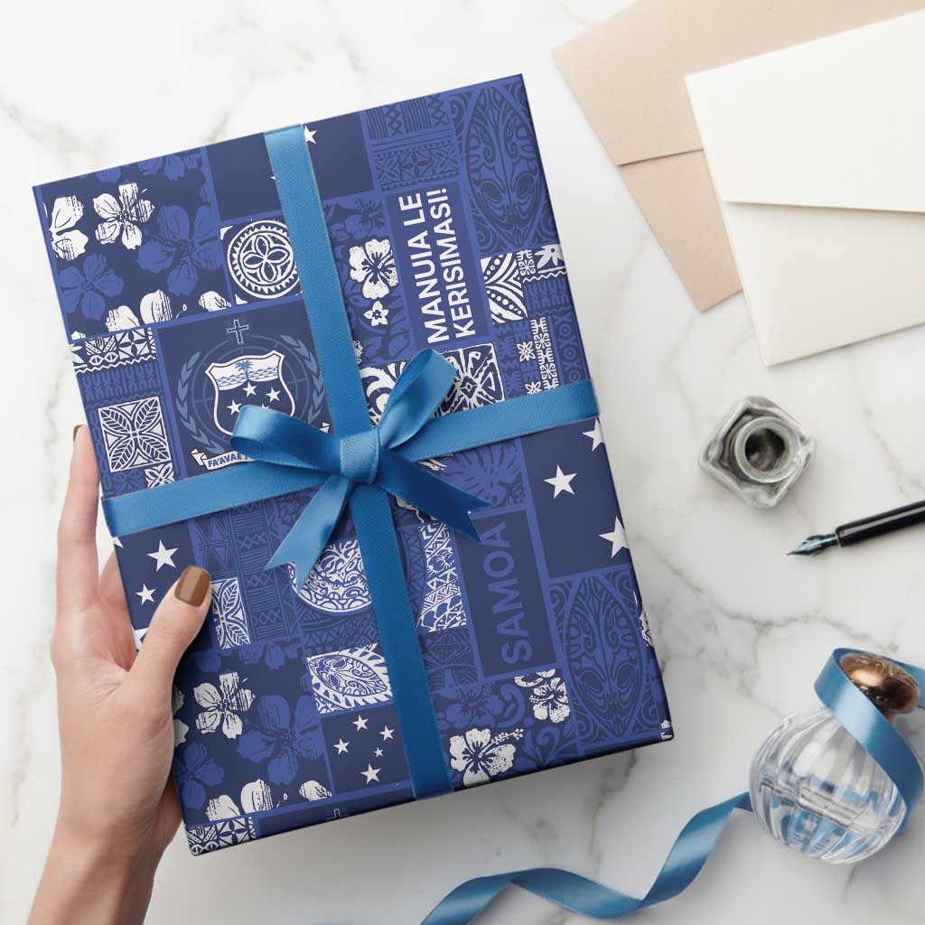 Blue Samoa Manuia Le Kerisimasi Wrapping Paper Pacific Patchwork Xmas Vibes LT9 - Polynesian Pride