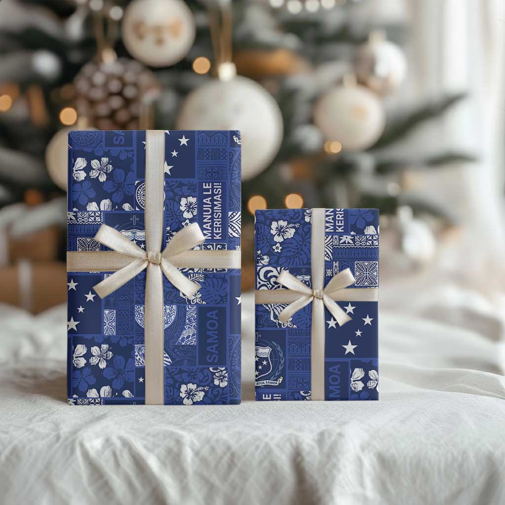 Blue Samoa Manuia Le Kerisimasi Wrapping Paper Pacific Patchwork Xmas Vibes LT9 - Polynesian Pride