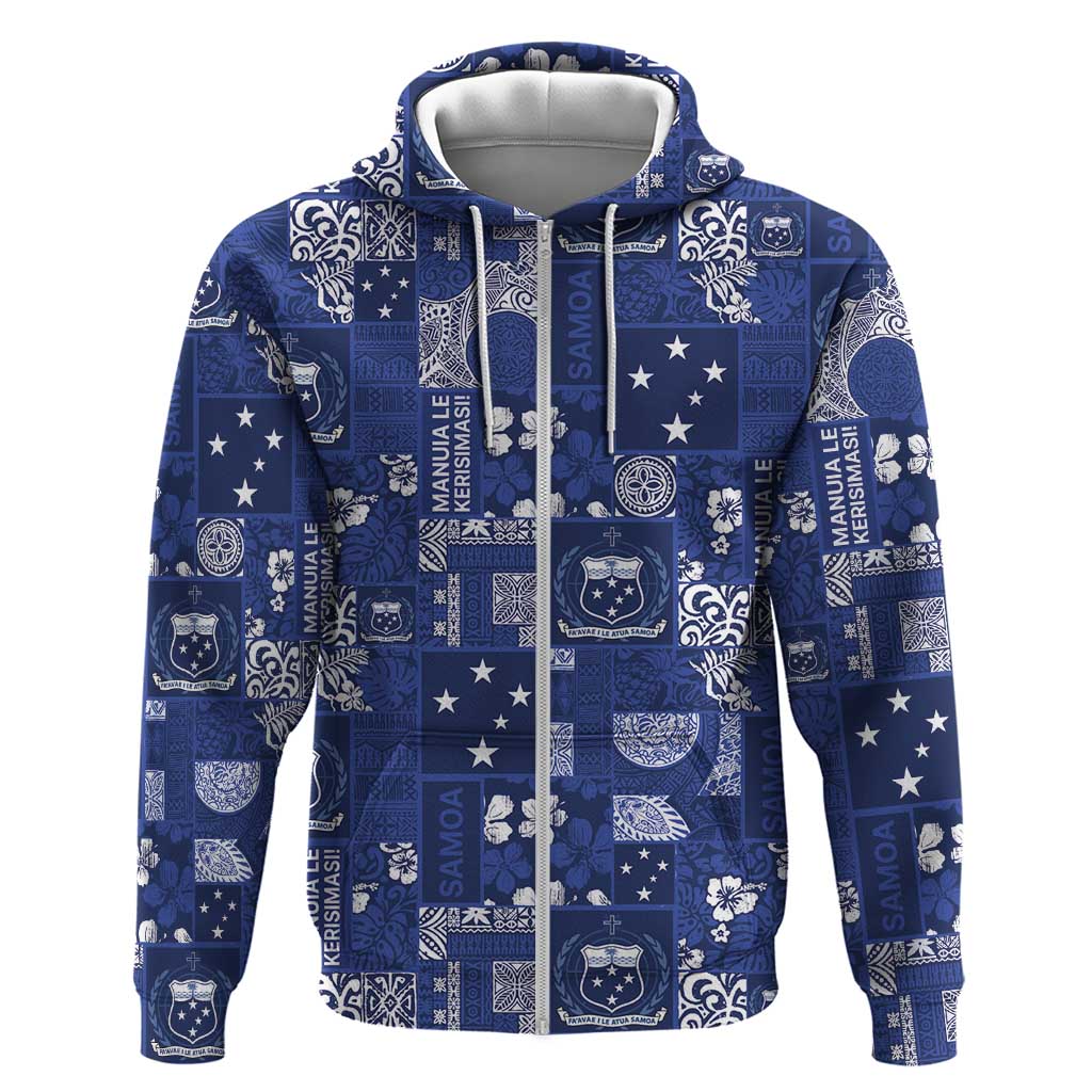 Blue Samoa Manuia Le Kerisimasi Zip Hoodie Pacific Patchwork Xmas Vibes LT9 Zip Hoodie Blue - Polynesian Pride