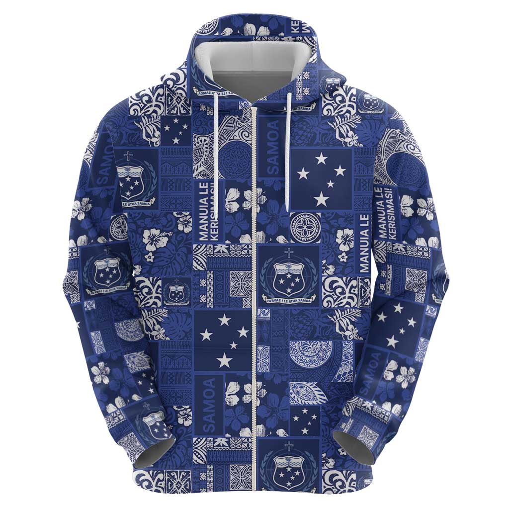 Blue Samoa Manuia Le Kerisimasi Zip Hoodie Pacific Patchwork Xmas Vibes LT9 - Polynesian Pride