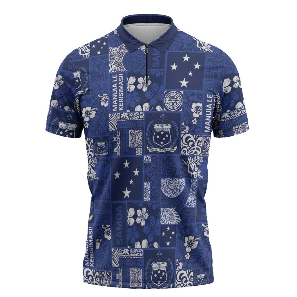 Blue Samoa Manuia Le Kerisimasi Zipper Polo Shirt Pacific Patchwork Xmas Vibes LT9 Blue - Polynesian Pride