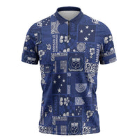 Blue Samoa Manuia Le Kerisimasi Zipper Polo Shirt Pacific Patchwork Xmas Vibes LT9 Blue - Polynesian Pride
