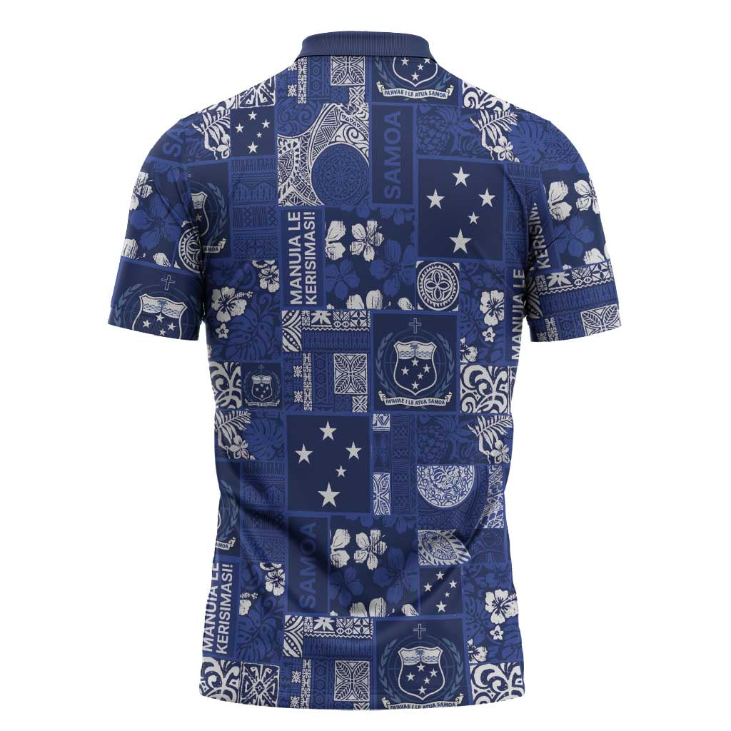 Blue Samoa Manuia Le Kerisimasi Zipper Polo Shirt Pacific Patchwork Xmas Vibes LT9 - Polynesian Pride