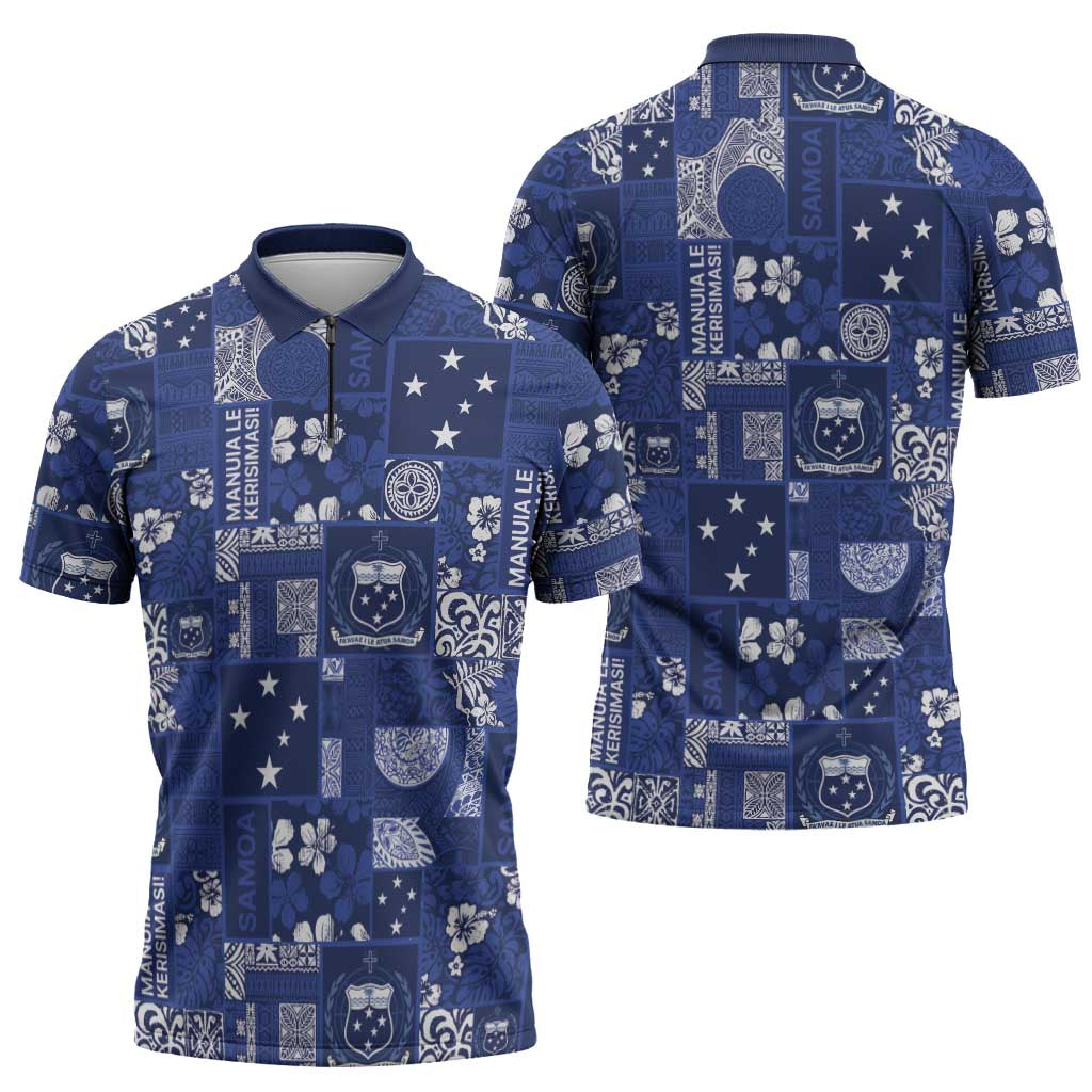 Blue Samoa Manuia Le Kerisimasi Zipper Polo Shirt Pacific Patchwork Xmas Vibes LT9 - Polynesian Pride
