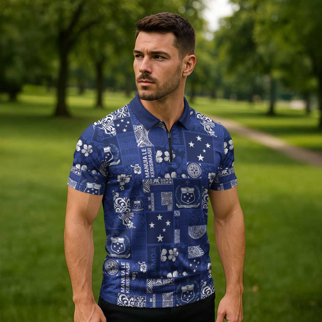 Blue Samoa Manuia Le Kerisimasi Zipper Polo Shirt Pacific Patchwork Xmas Vibes LT9 - Polynesian Pride