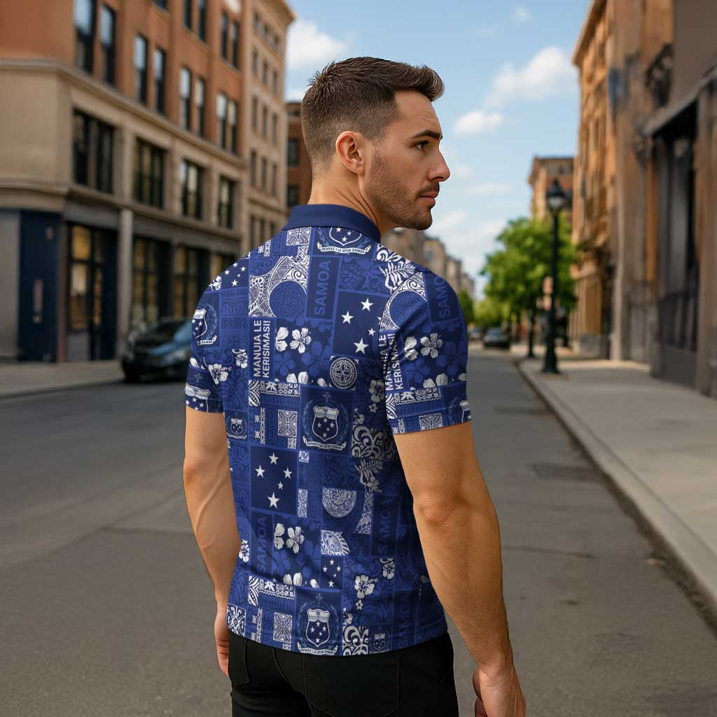Blue Samoa Manuia Le Kerisimasi Zipper Polo Shirt Pacific Patchwork Xmas Vibes LT9 - Polynesian Pride