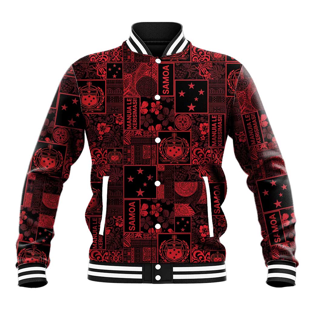 Dark Samoa Manuia Le Kerisimasi Baseball Jacket Pacific Patchwork Xmas Vibes LT9 Unisex Red - Polynesian Pride