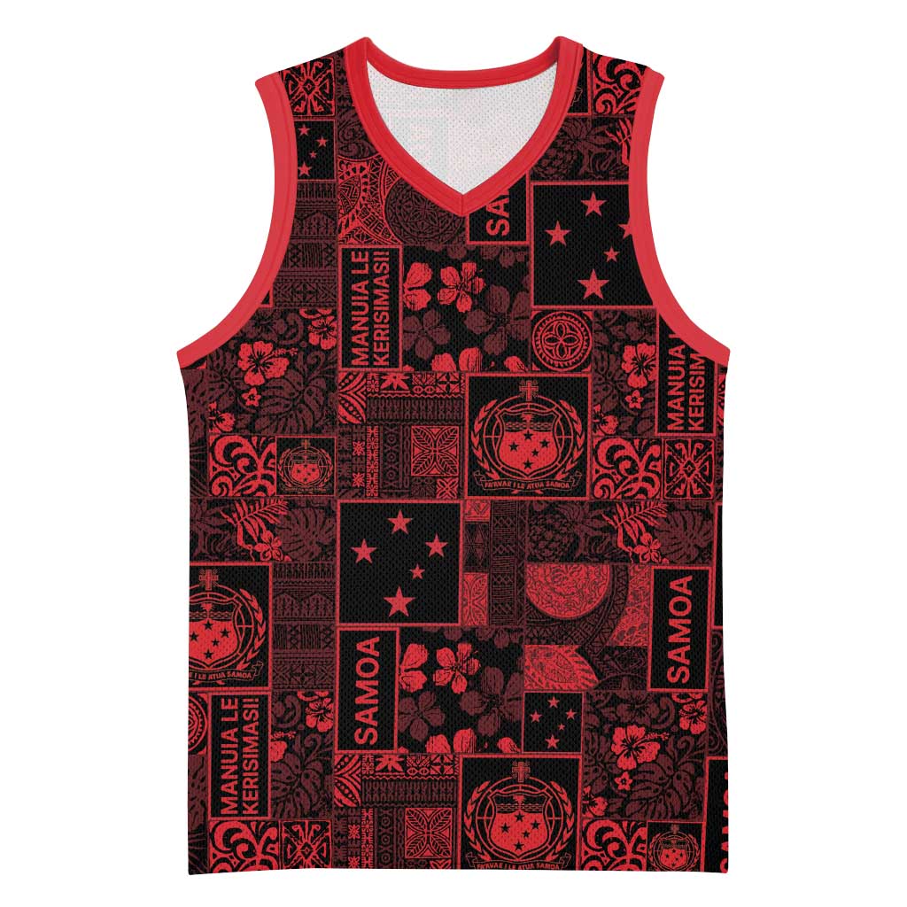 Dark Samoa Manuia Le Kerisimasi Basketball Jersey Pacific Patchwork Xmas Vibes LT9 Unisex Red - Polynesian Pride