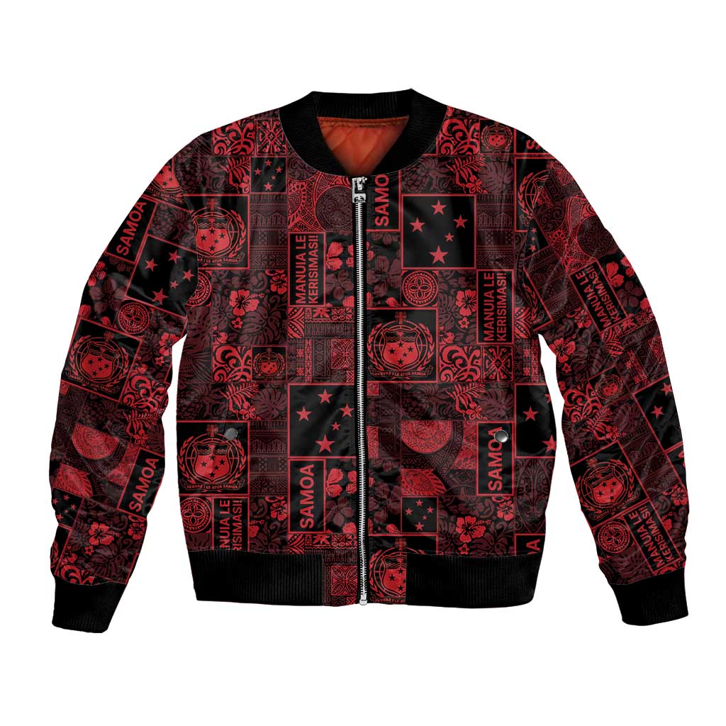Dark Samoa Manuia Le Kerisimasi Bomber Jacket Pacific Patchwork Xmas Vibes LT9 Unisex Red - Polynesian Pride