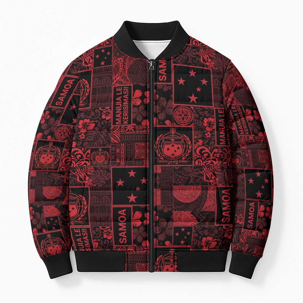 Dark Samoa Manuia Le Kerisimasi Bomber Puffer Jacket Pacific Patchwork Xmas Vibes LT9 Unisex Red - Polynesian Pride
