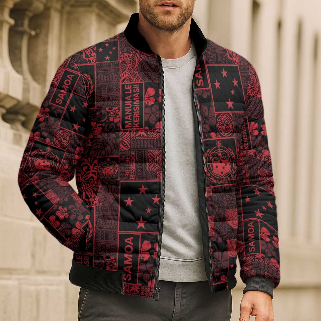 Dark Samoa Manuia Le Kerisimasi Bomber Puffer Jacket Pacific Patchwork Xmas Vibes LT9 - Polynesian Pride