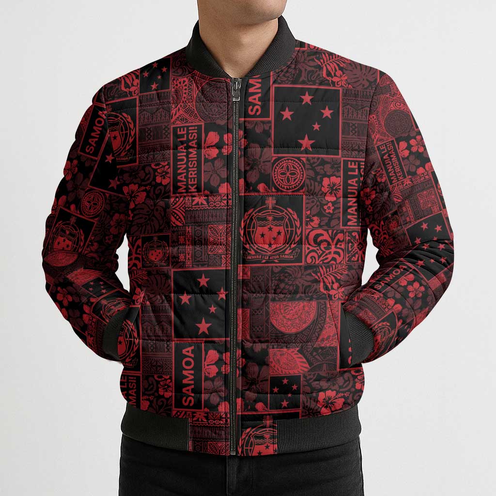 Dark Samoa Manuia Le Kerisimasi Bomber Puffer Jacket Pacific Patchwork Xmas Vibes LT9 - Polynesian Pride
