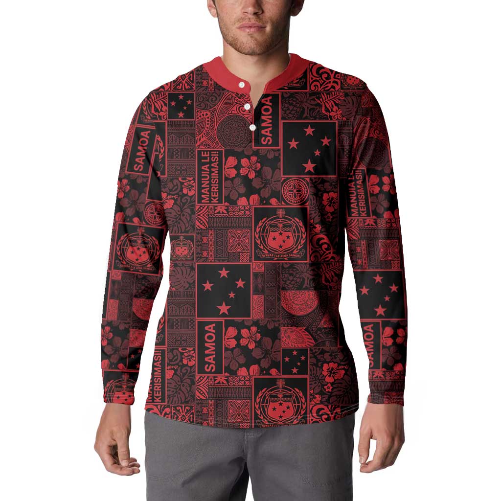 Dark Samoa Manuia Le Kerisimasi Button Sweatshirt Pacific Patchwork Xmas Vibes LT9 - Polynesian Pride