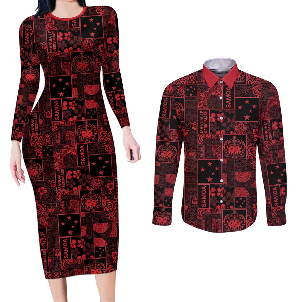 Dark Samoa Manuia Le Kerisimasi Couples Matching Long Sleeve Bodycon Dress and Long Sleeve Button Shirt Pacific Patchwork Xmas Vibes LT9 Red - Polynesian Pride