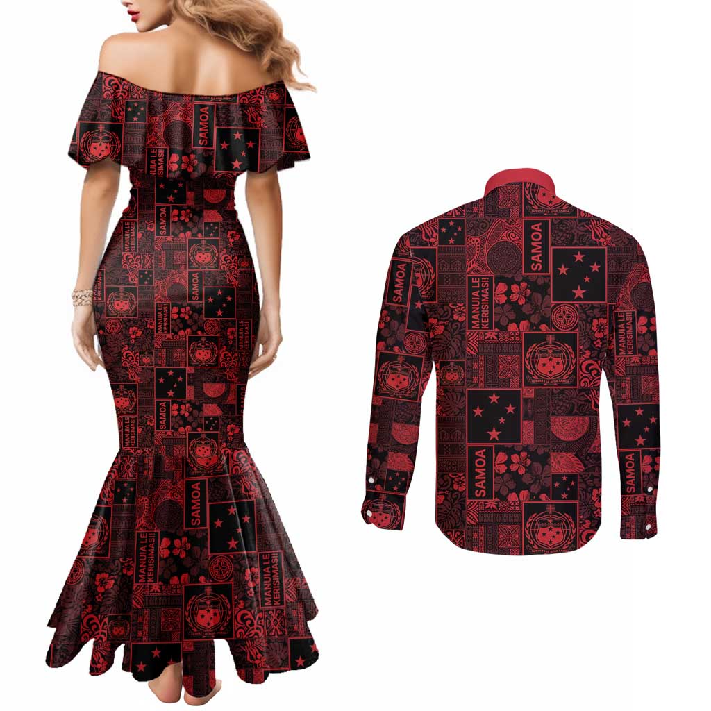 Dark Samoa Manuia Le Kerisimasi Couples Matching Mermaid Dress and Long Sleeve Button Shirt Pacific Patchwork Xmas Vibes LT9 - Polynesian Pride