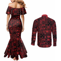 Dark Samoa Manuia Le Kerisimasi Couples Matching Mermaid Dress and Long Sleeve Button Shirt Pacific Patchwork Xmas Vibes LT9 - Polynesian Pride
