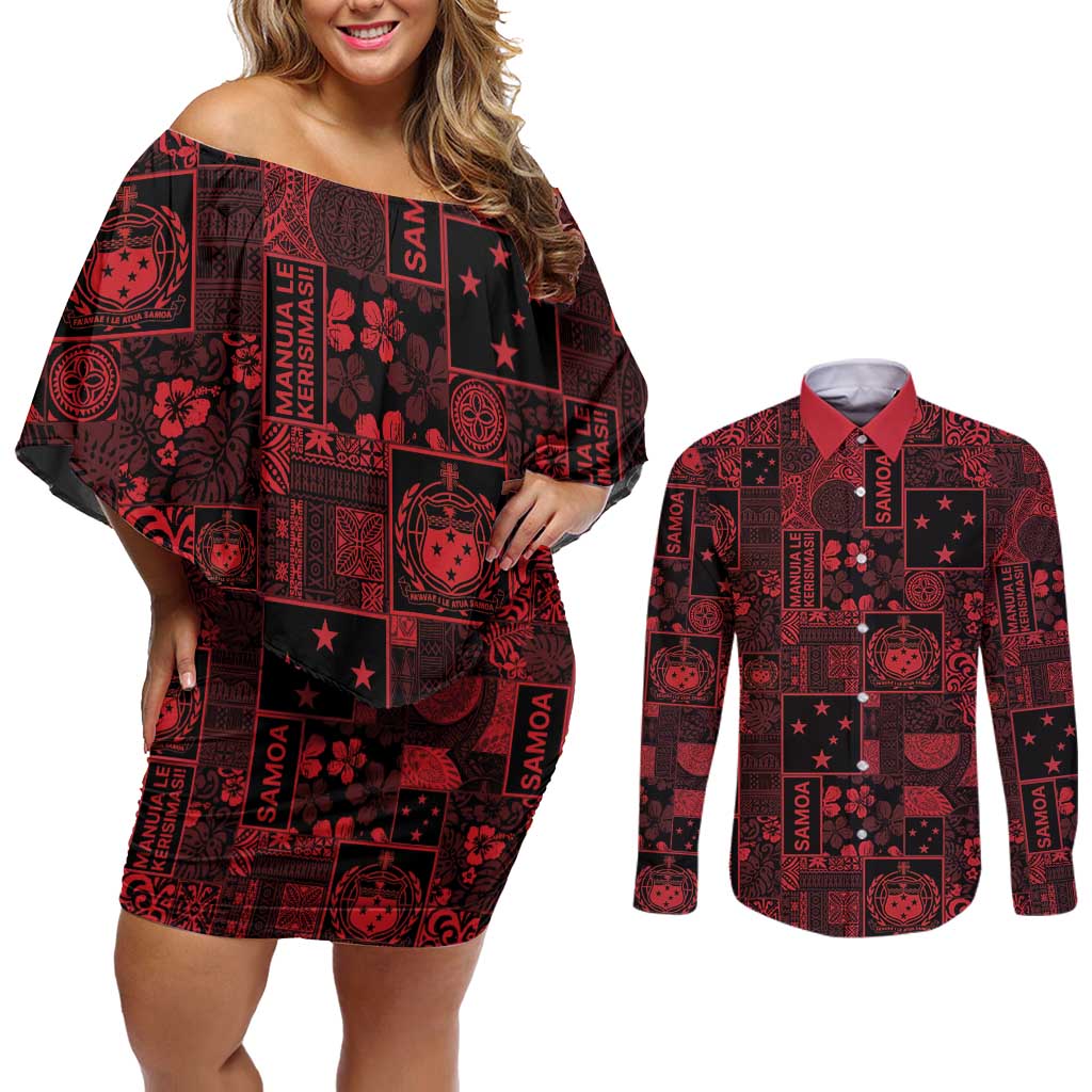 Dark Samoa Manuia Le Kerisimasi Couples Matching Off Shoulder Short Dress and Long Sleeve Button Shirt Pacific Patchwork Xmas Vibes LT9 Red - Polynesian Pride