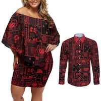 Dark Samoa Manuia Le Kerisimasi Couples Matching Off Shoulder Short Dress and Long Sleeve Button Shirt Pacific Patchwork Xmas Vibes LT9 Red - Polynesian Pride