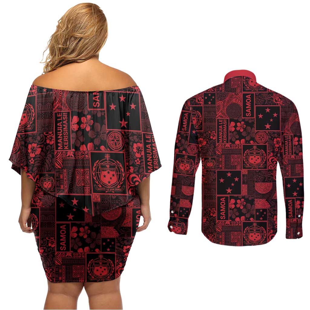 Dark Samoa Manuia Le Kerisimasi Couples Matching Off Shoulder Short Dress and Long Sleeve Button Shirt Pacific Patchwork Xmas Vibes LT9 - Polynesian Pride