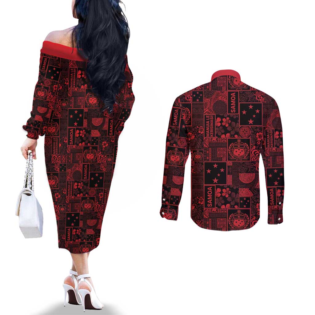 Dark Samoa Manuia Le Kerisimasi Couples Matching Off The Shoulder Long Sleeve Dress and Long Sleeve Button Shirt Pacific Patchwork Xmas Vibes LT9 - Polynesian Pride