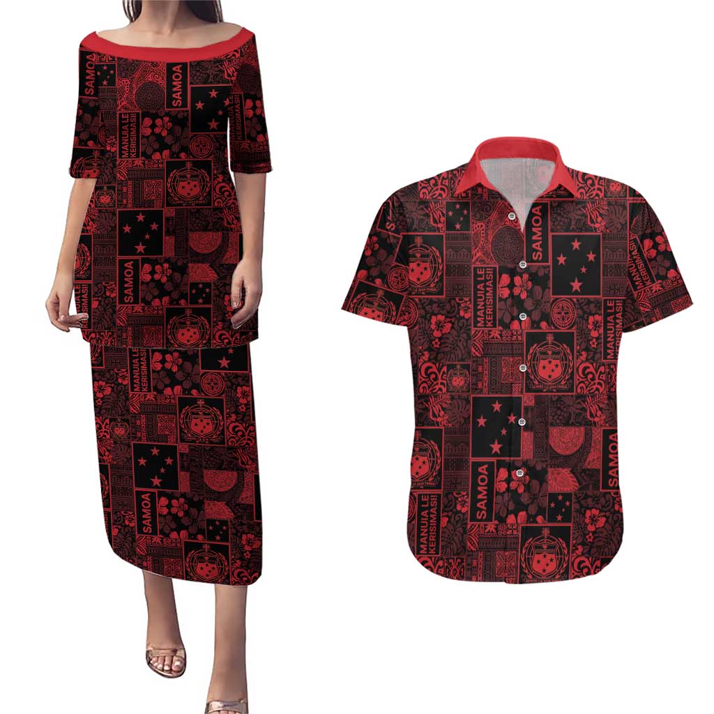 Dark Samoa Manuia Le Kerisimasi Couples Matching Puletasi and Hawaiian Shirt Pacific Patchwork Xmas Vibes LT9 Red - Polynesian Pride