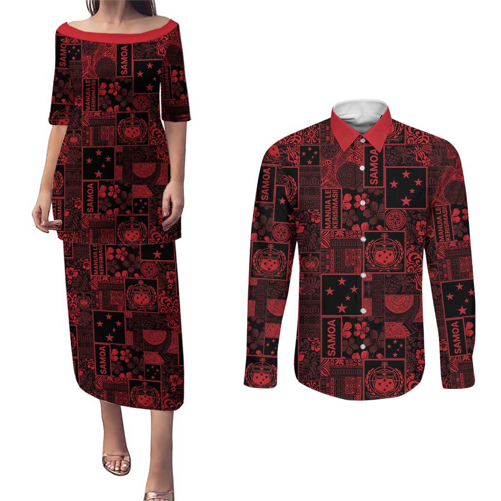 Dark Samoa Manuia Le Kerisimasi Couples Matching Puletasi and Long Sleeve Button Shirt Pacific Patchwork Xmas Vibes LT9 Red - Polynesian Pride
