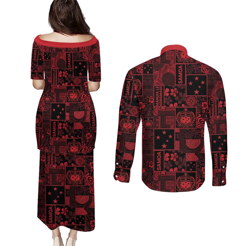 Dark Samoa Manuia Le Kerisimasi Couples Matching Puletasi and Long Sleeve Button Shirt Pacific Patchwork Xmas Vibes - Polynesian Pride
