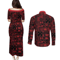 Dark Samoa Manuia Le Kerisimasi Couples Matching Puletasi and Long Sleeve Button Shirt Pacific Patchwork Xmas Vibes - Polynesian Pride