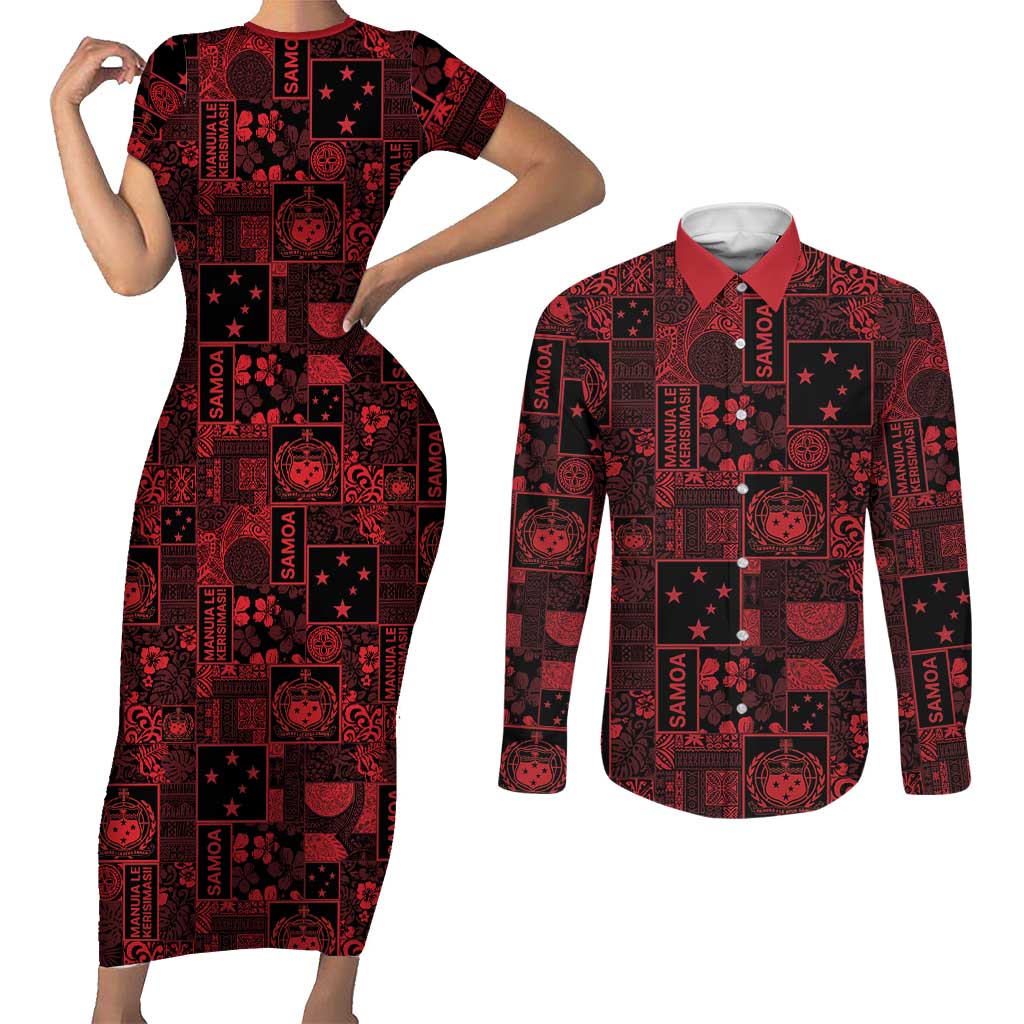 Dark Samoa Manuia Le Kerisimasi Couples Matching Short Sleeve Bodycon Dress and Long Sleeve Button Shirt Pacific Patchwork Xmas Vibes LT9 Red - Polynesian Pride