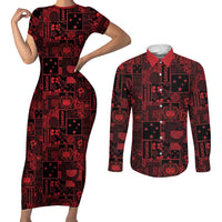 Dark Samoa Manuia Le Kerisimasi Couples Matching Short Sleeve Bodycon Dress and Long Sleeve Button Shirt Pacific Patchwork Xmas Vibes LT9 Red - Polynesian Pride