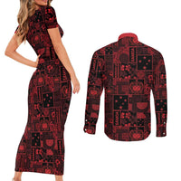 Dark Samoa Manuia Le Kerisimasi Couples Matching Short Sleeve Bodycon Dress and Long Sleeve Button Shirt Pacific Patchwork Xmas Vibes LT9 - Polynesian Pride