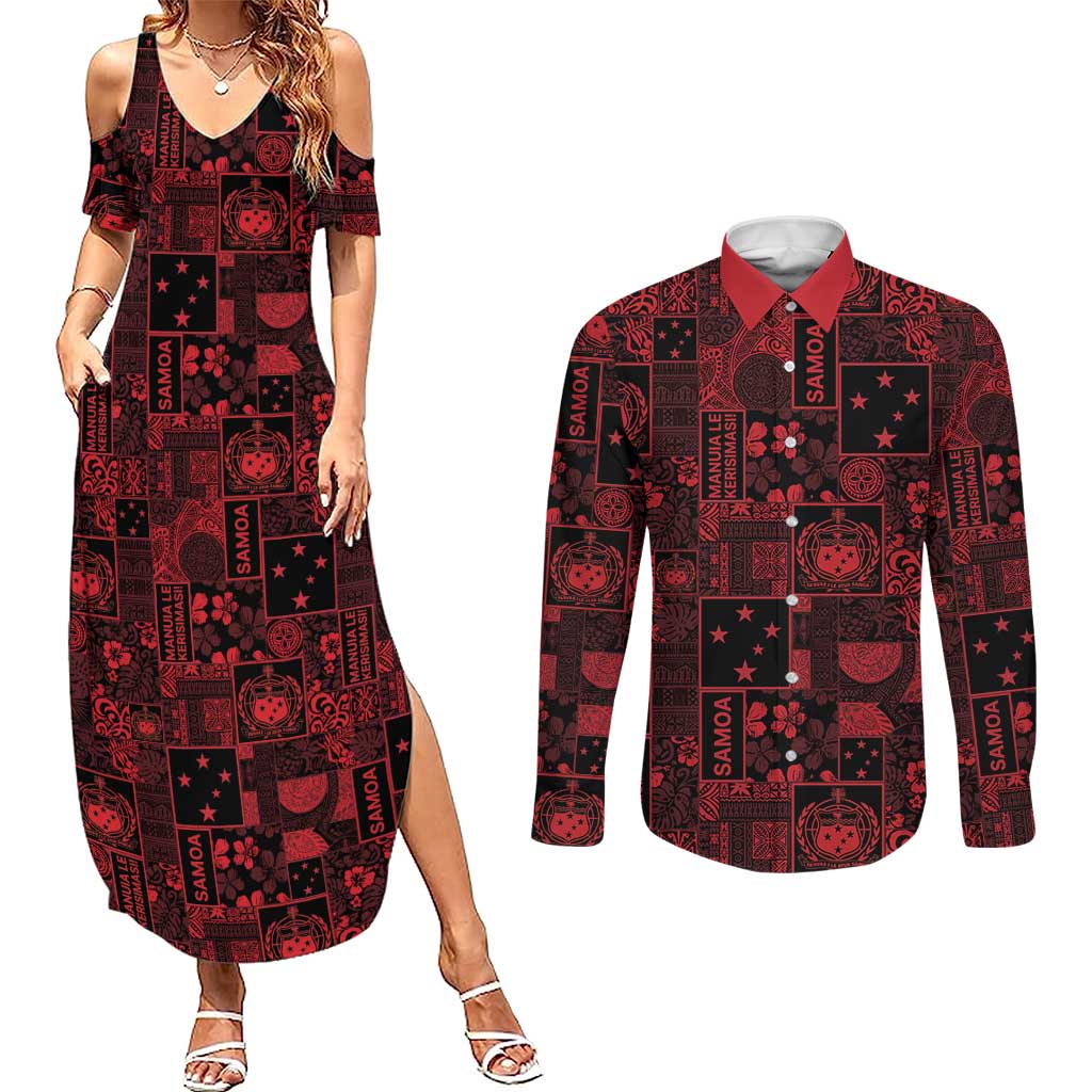 Dark Samoa Manuia Le Kerisimasi Couples Matching Summer Maxi Dress and Long Sleeve Button Shirt Pacific Patchwork Xmas Vibes LT9 Red - Polynesian Pride