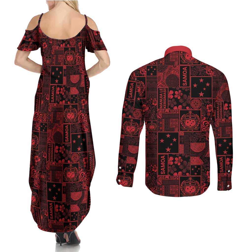 Dark Samoa Manuia Le Kerisimasi Couples Matching Summer Maxi Dress and Long Sleeve Button Shirt Pacific Patchwork Xmas Vibes LT9 - Polynesian Pride