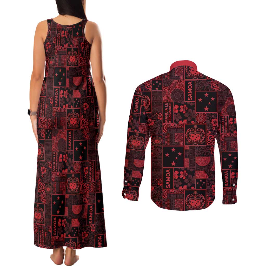 Dark Samoa Manuia Le Kerisimasi Couples Matching Tank Maxi Dress and Long Sleeve Button Shirt Pacific Patchwork Xmas Vibes LT9 - Polynesian Pride