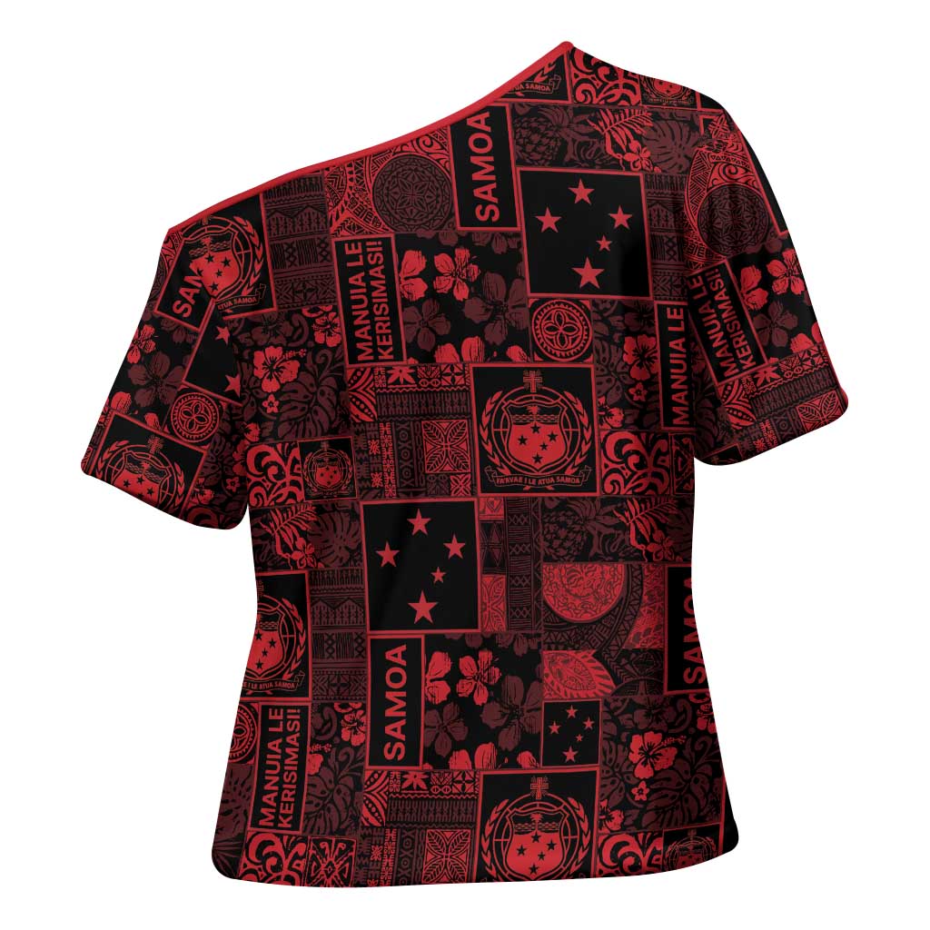 Dark Samoa Manuia Le Kerisimasi Cross Shoulder Shirt Pacific Patchwork Xmas Vibes LT9 - Polynesian Pride