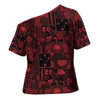 Dark Samoa Manuia Le Kerisimasi Cross Shoulder Shirt Pacific Patchwork Xmas Vibes LT9 - Polynesian Pride