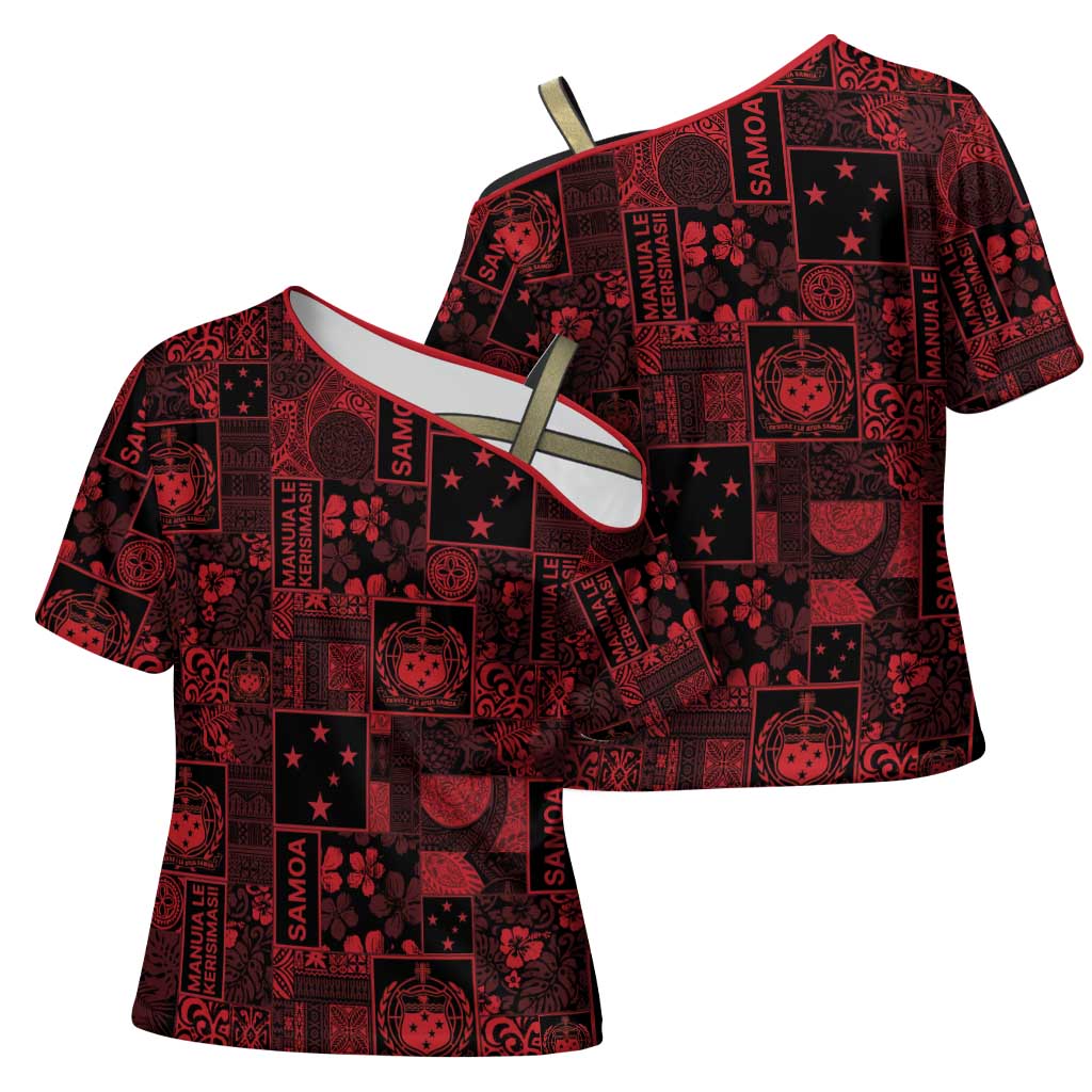 Dark Samoa Manuia Le Kerisimasi Cross Shoulder Shirt Pacific Patchwork Xmas Vibes LT9 - Polynesian Pride
