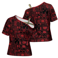 Dark Samoa Manuia Le Kerisimasi Cross Shoulder Shirt Pacific Patchwork Xmas Vibes LT9 - Polynesian Pride