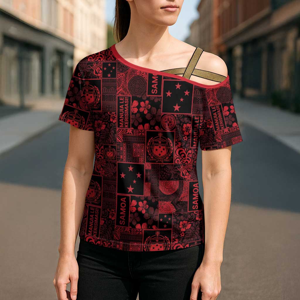 Dark Samoa Manuia Le Kerisimasi Cross Shoulder Shirt Pacific Patchwork Xmas Vibes LT9 - Polynesian Pride
