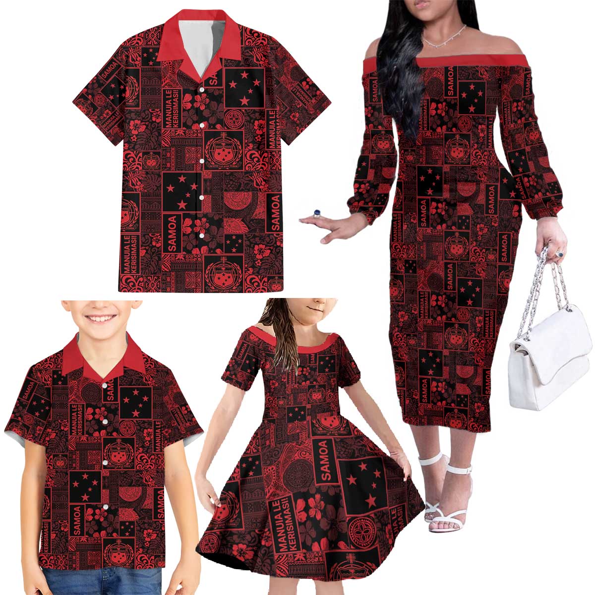 Dark Samoa Manuia Le Kerisimasi Family Matching Off The Shoulder Long Sleeve Dress and Hawaiian Shirt Pacific Patchwork Xmas Vibes - Polynesian Pride