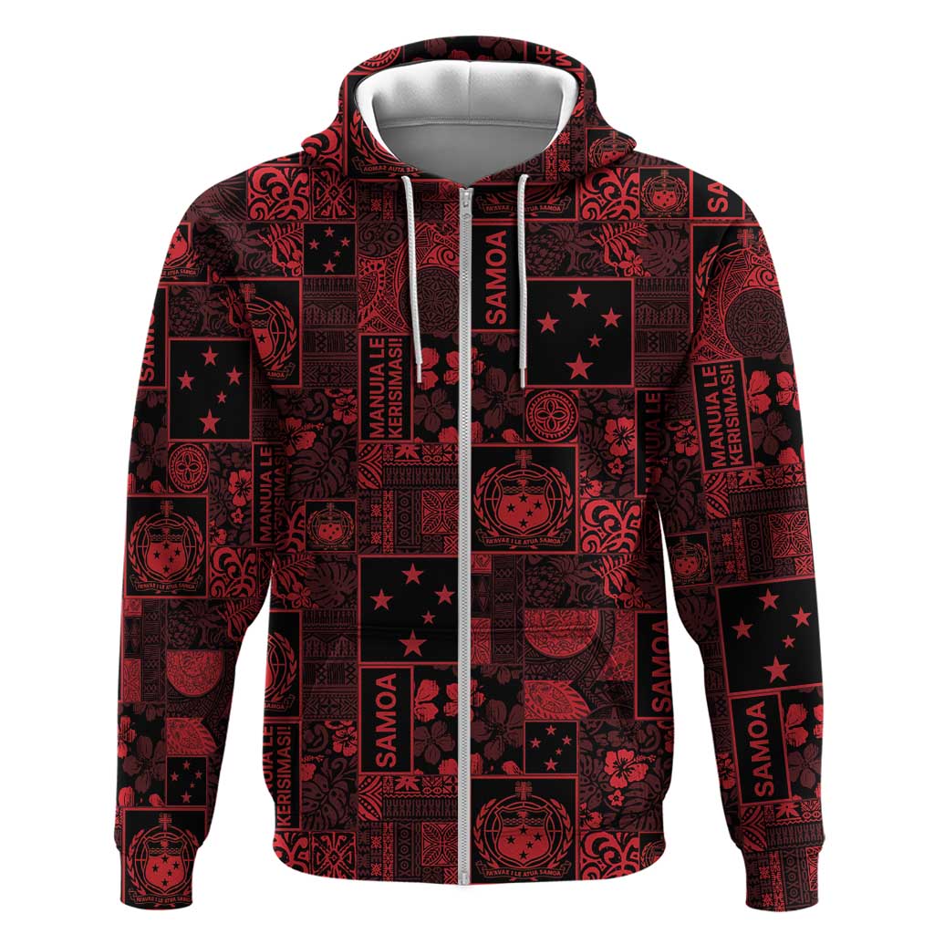 Dark Samoa Manuia Le Kerisimasi Hoodie Pacific Patchwork Xmas Vibes LT9 Zip Hoodie Red - Polynesian Pride